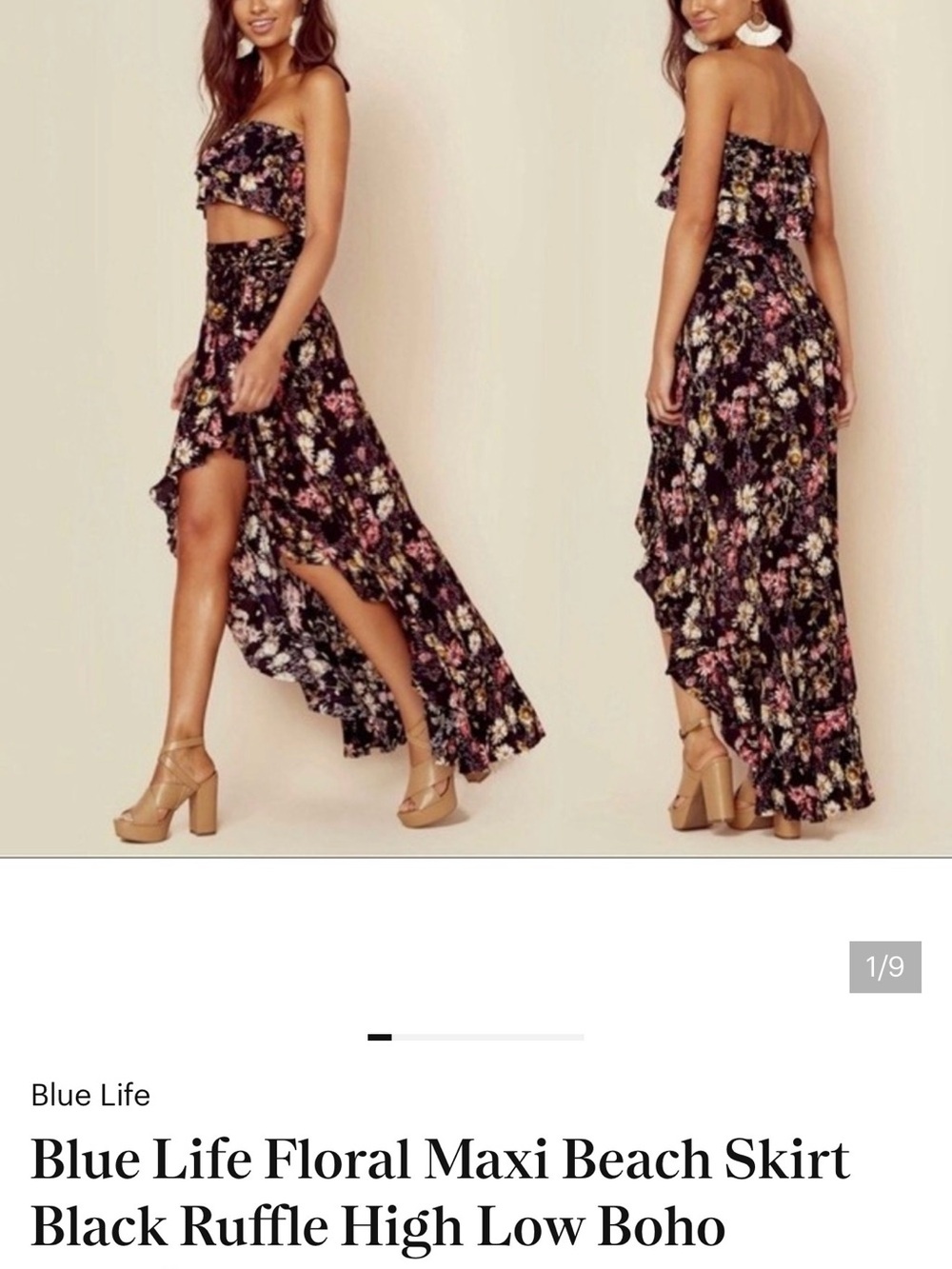 Blue Life Black Floral Ruffle High-Low Skirt with Pink & Cream Blooms
